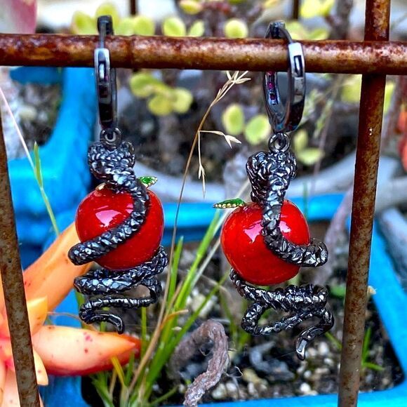 First People First Gun Metal Snake & Red Forbidden Apple Earrings. NWOT - Picture 7 of 9